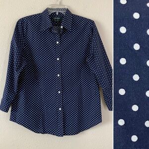 LAUREN RL No Iron Button Up Shirt Classic Preppy Polka Dot Navy White Office